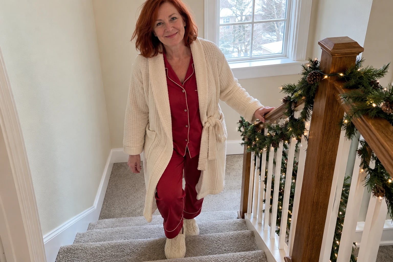 A redheaded woman descends a garland-wrapped staircase in red pajamas and a cream waffle-knit robe with slippers.