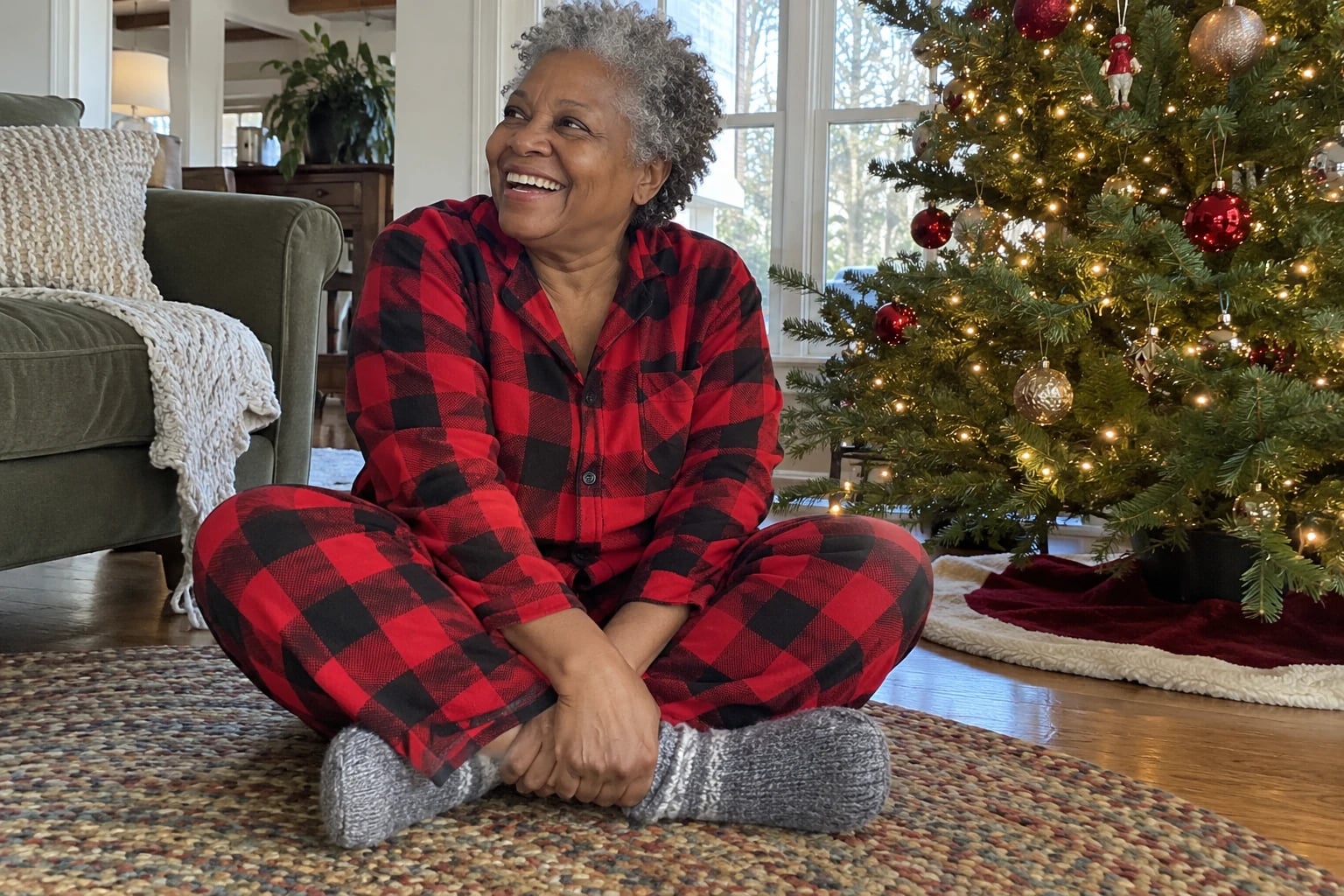 A woman in her sixties sits cross-legged on a rug in red buffalo-check flannel pajamas and gray slipper socks, laughing beside a lit Christmas tree.