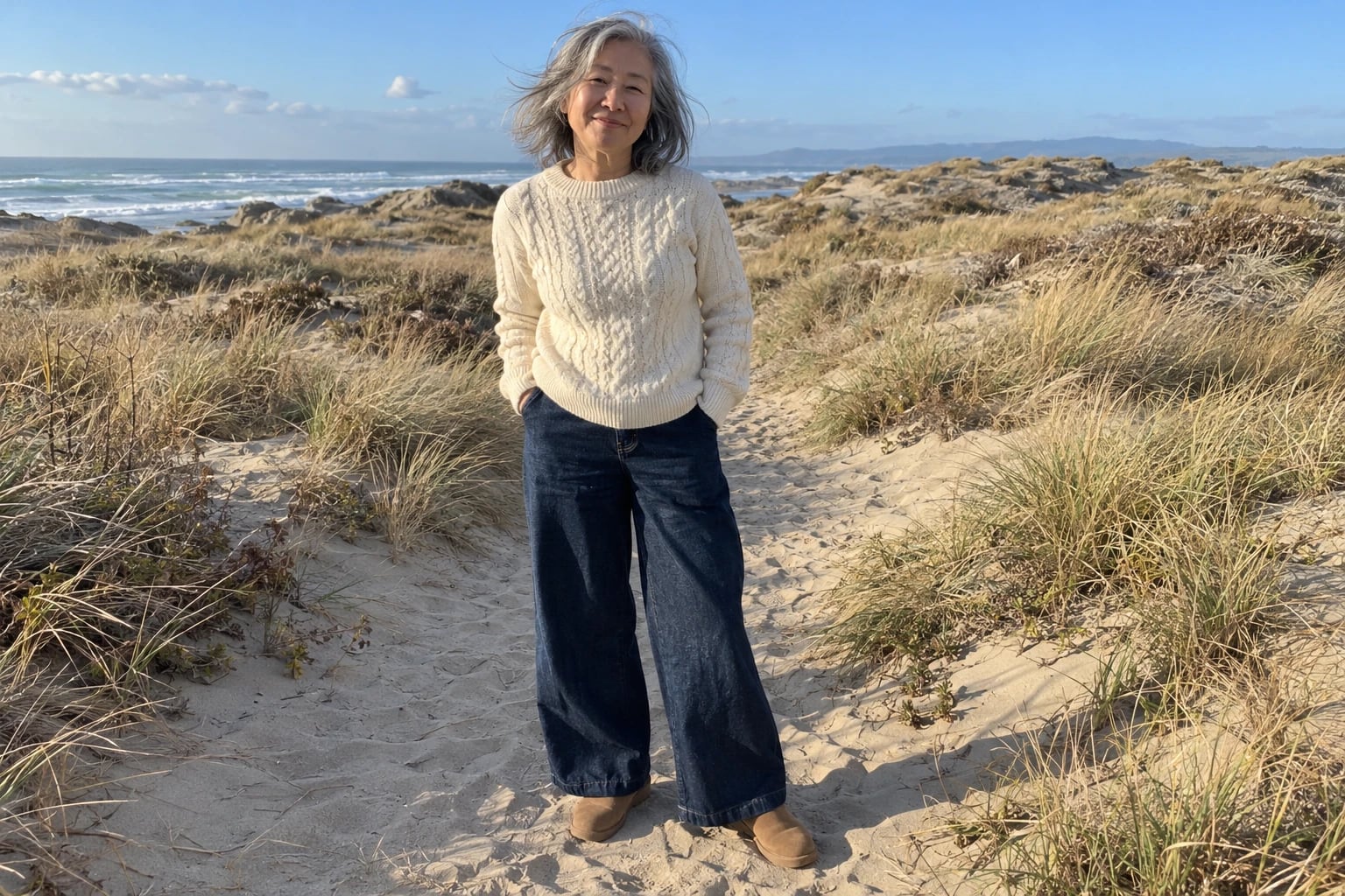 A smiling gray-haired woman in her sixties stands on grassy ocean dunes in an ivory cable-knit sweater and dark wide-leg jeans.