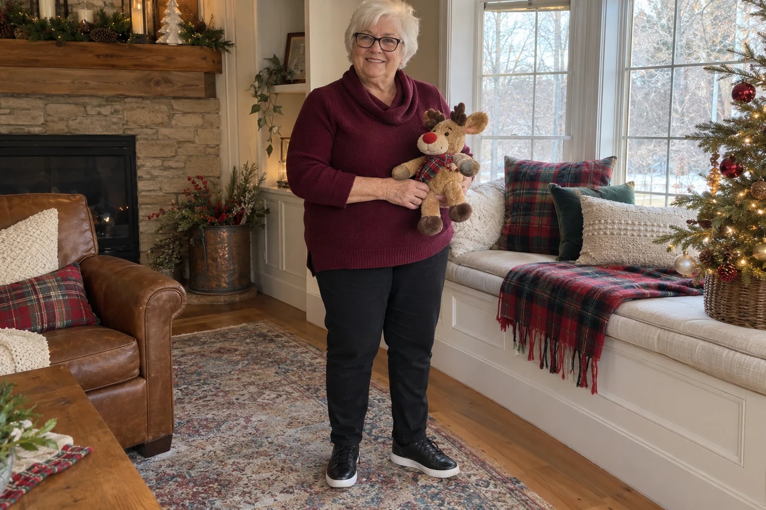 A grey-haired woman in glasses wears a burgundy cowl-neck sweater and black pants, holding a stuffed reindeer by a plaid window seat.