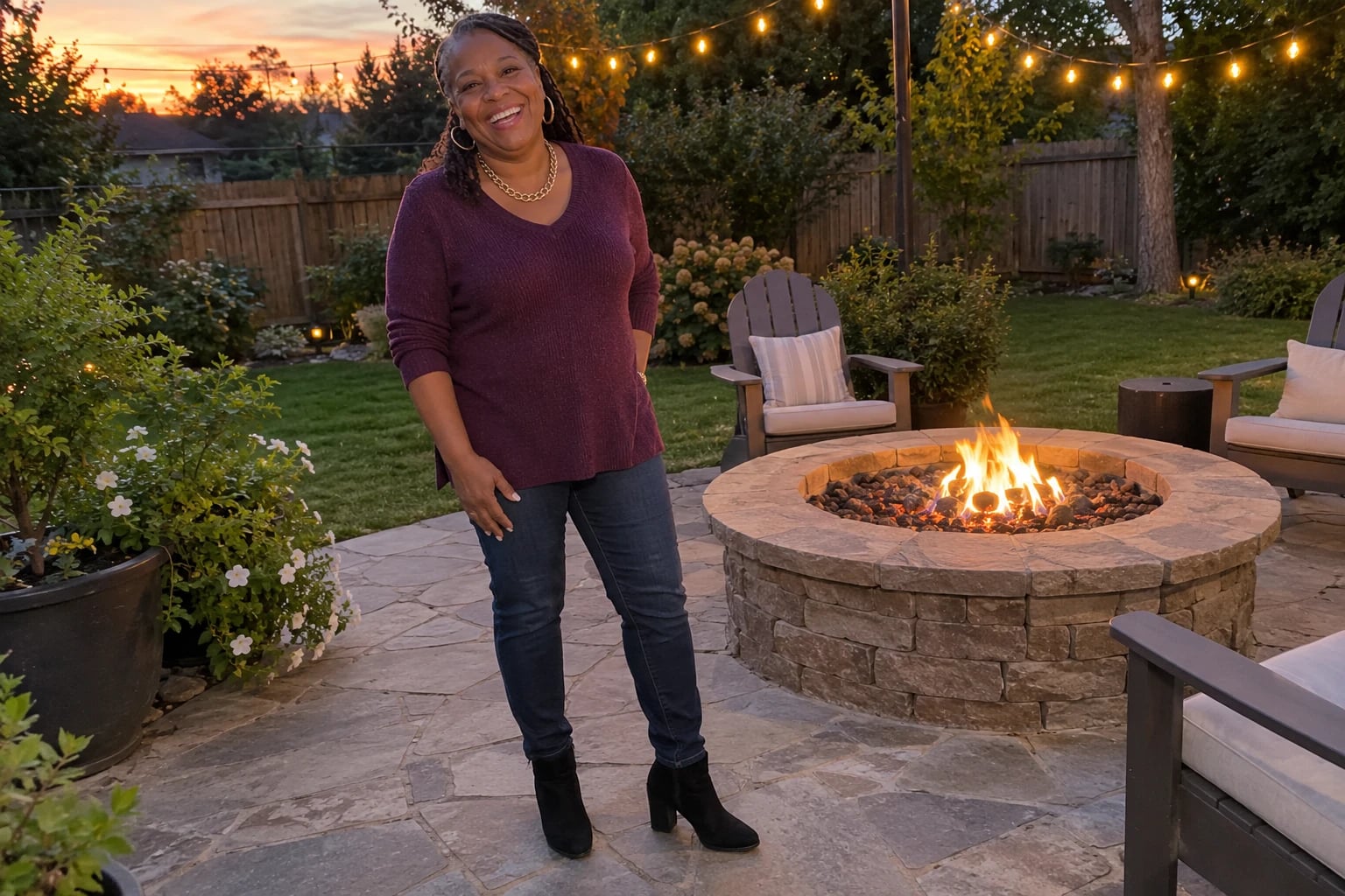 A smiling grandmother stands by a backyard fire pit in dark jeans, a plum tunic, and a gold necklace.