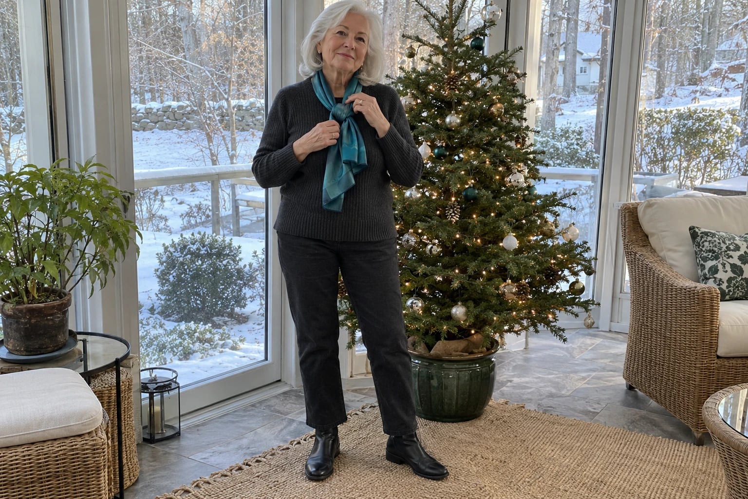 A silver-haired woman ties a teal scarf over a charcoal sweater beside a lit Christmas tree in a sunroom.