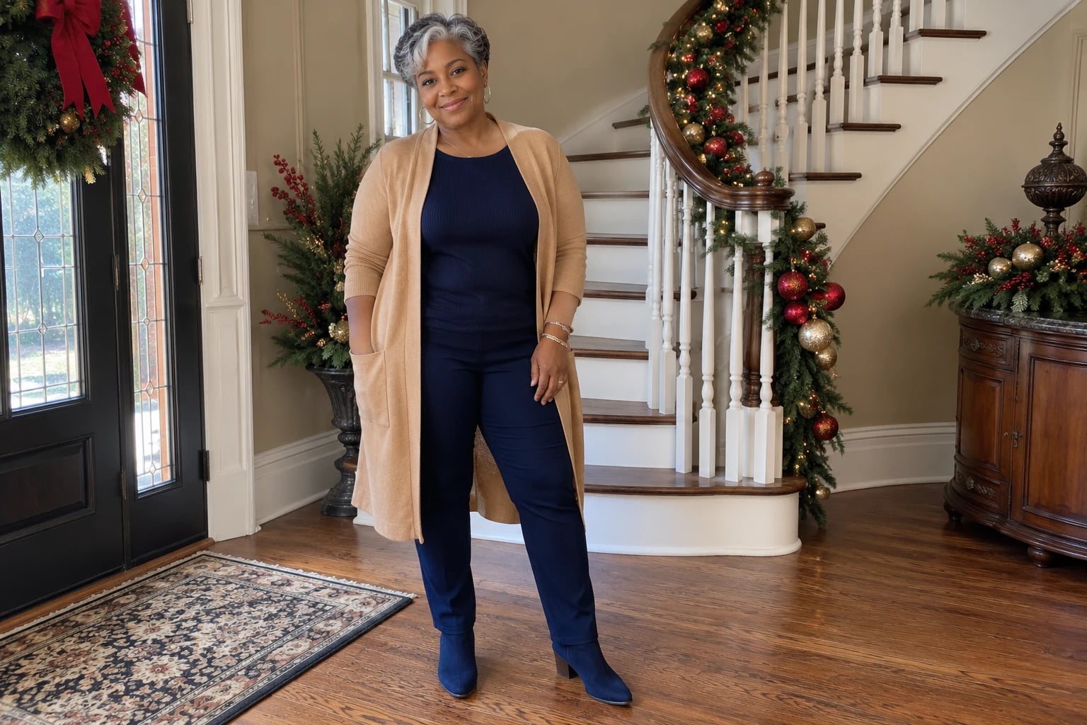 A short-haired grandmother in a navy top, pants and boots layers a long camel cardigan by a Christmas staircase.