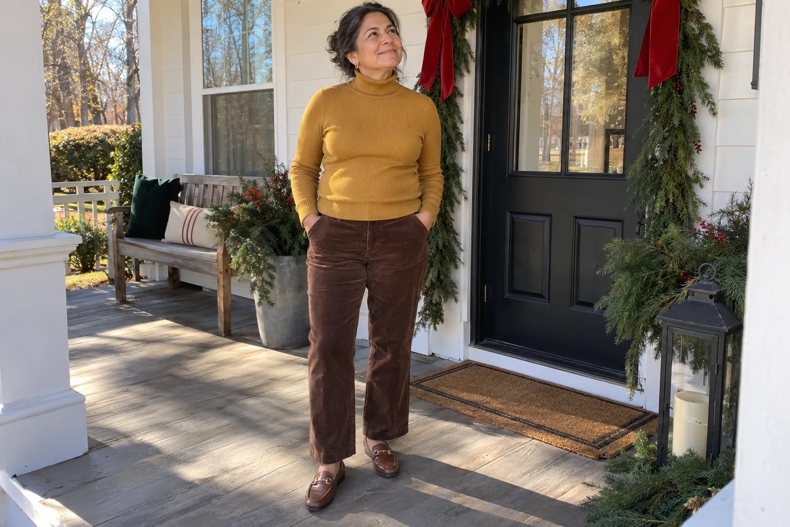A woman in her mid-fifties stands on a garland-decked porch wearing a mustard turtleneck, brown corduroy pants and brown loafers.