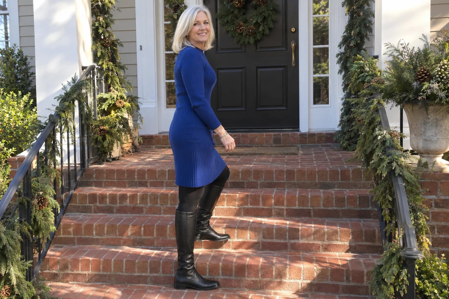 A silver-blond woman in her late fifties climbs brick steps wearing a sapphire ribbed knit dress with tall black boots.