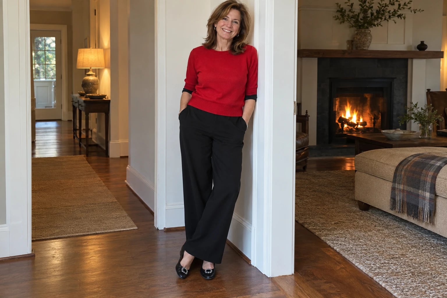 A woman in her late fifties leans against a doorway near a lit fireplace, wearing a red sweater, black wide-leg pants and jeweled flats.