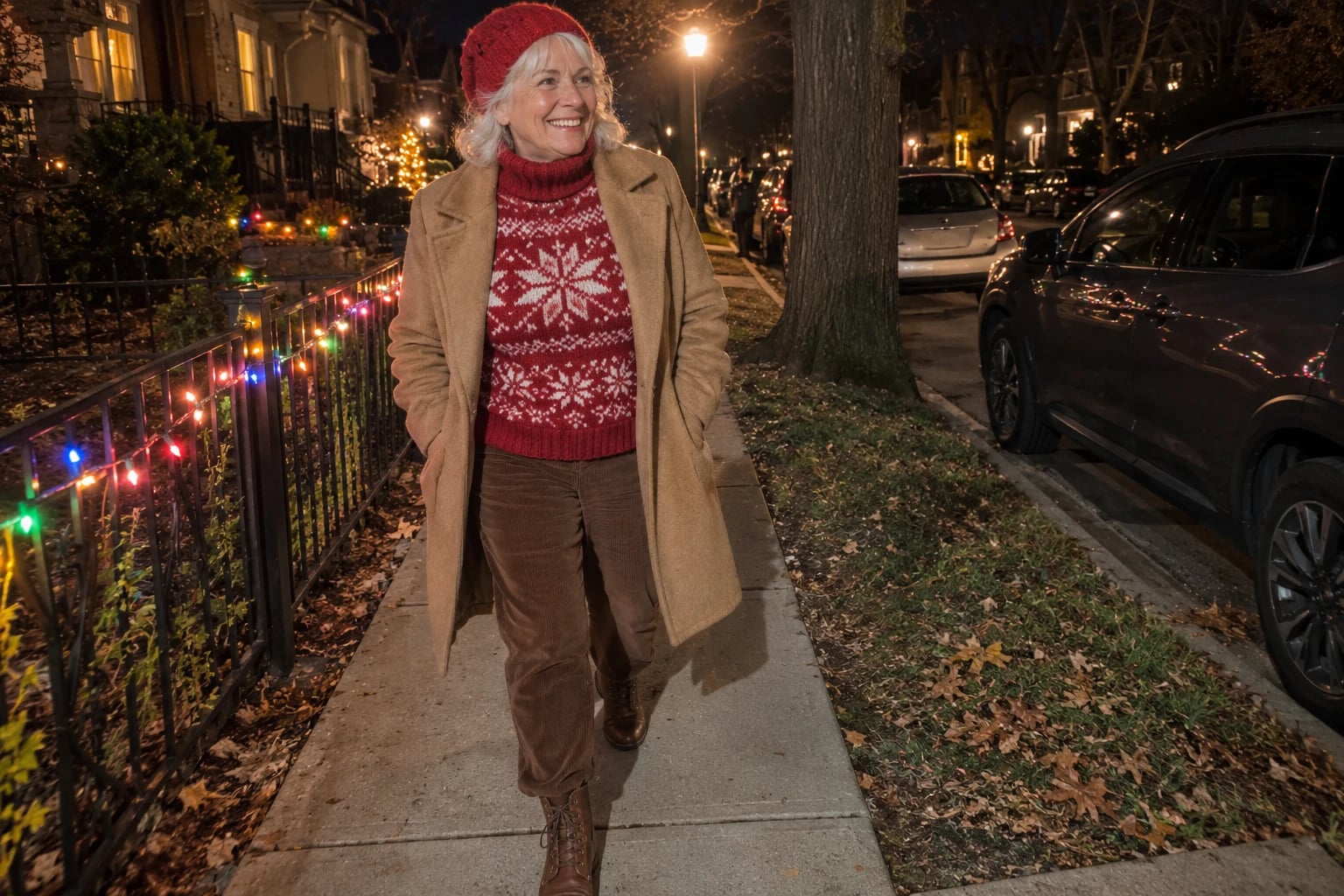 A woman in her sixties walks a lit sidewalk in a red snowflake turtleneck, brown cords, camel coat and red knit hat.