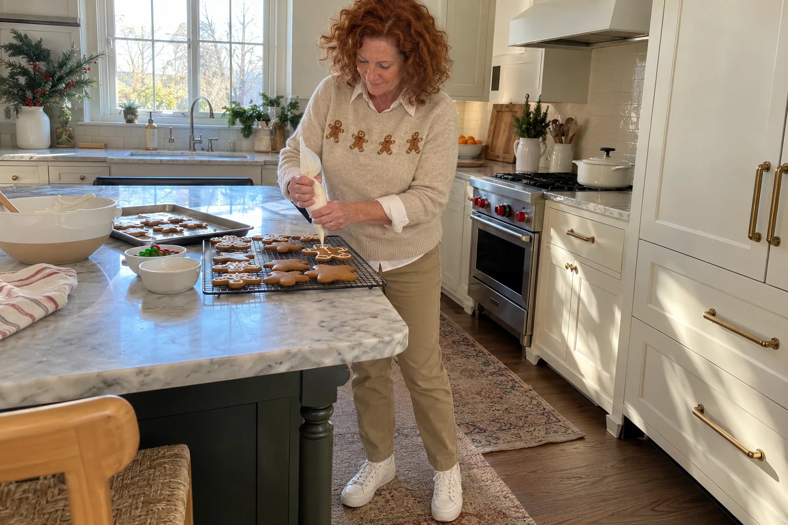 A woman with curly red hair pipes white icing onto gingerbread cookies in a bright kitchen.