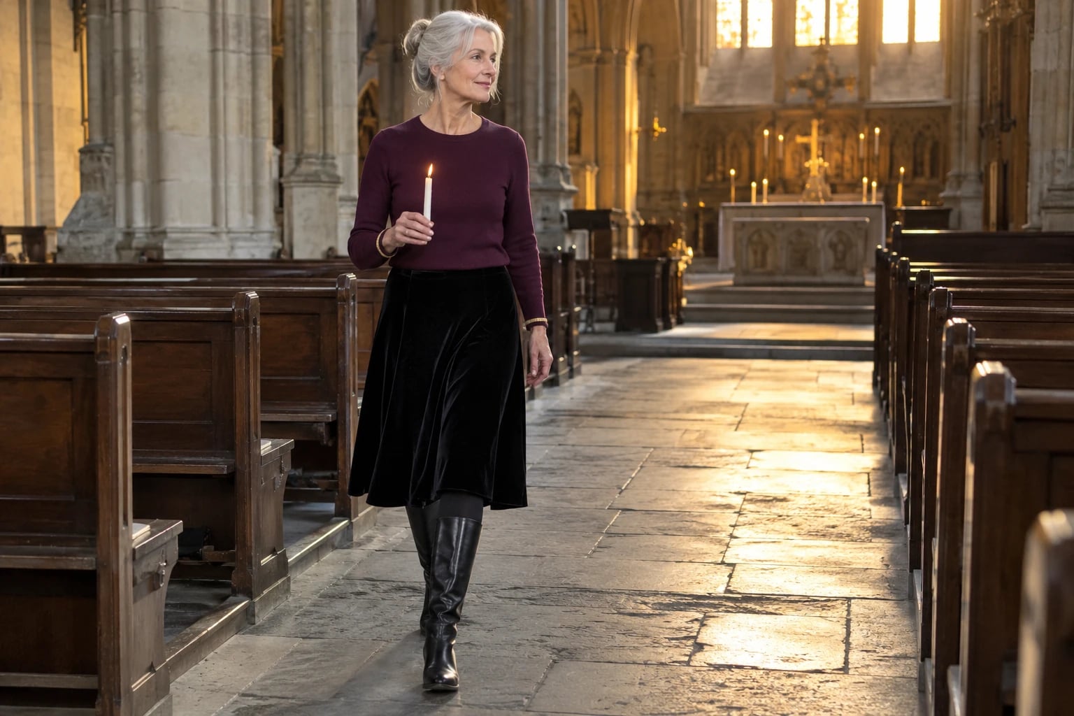 A woman in her sixties walks a church aisle holding a candle, wearing a plum sweater, black velvet skirt, and tall boots.