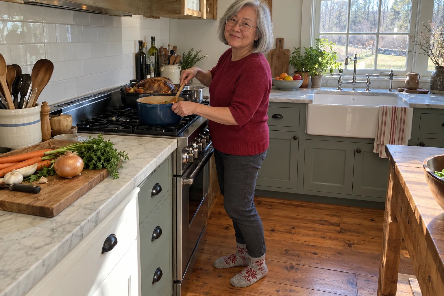 A woman in her sixties stirs a pot at the stove in a cranberry sweater and snowflake wool socks.