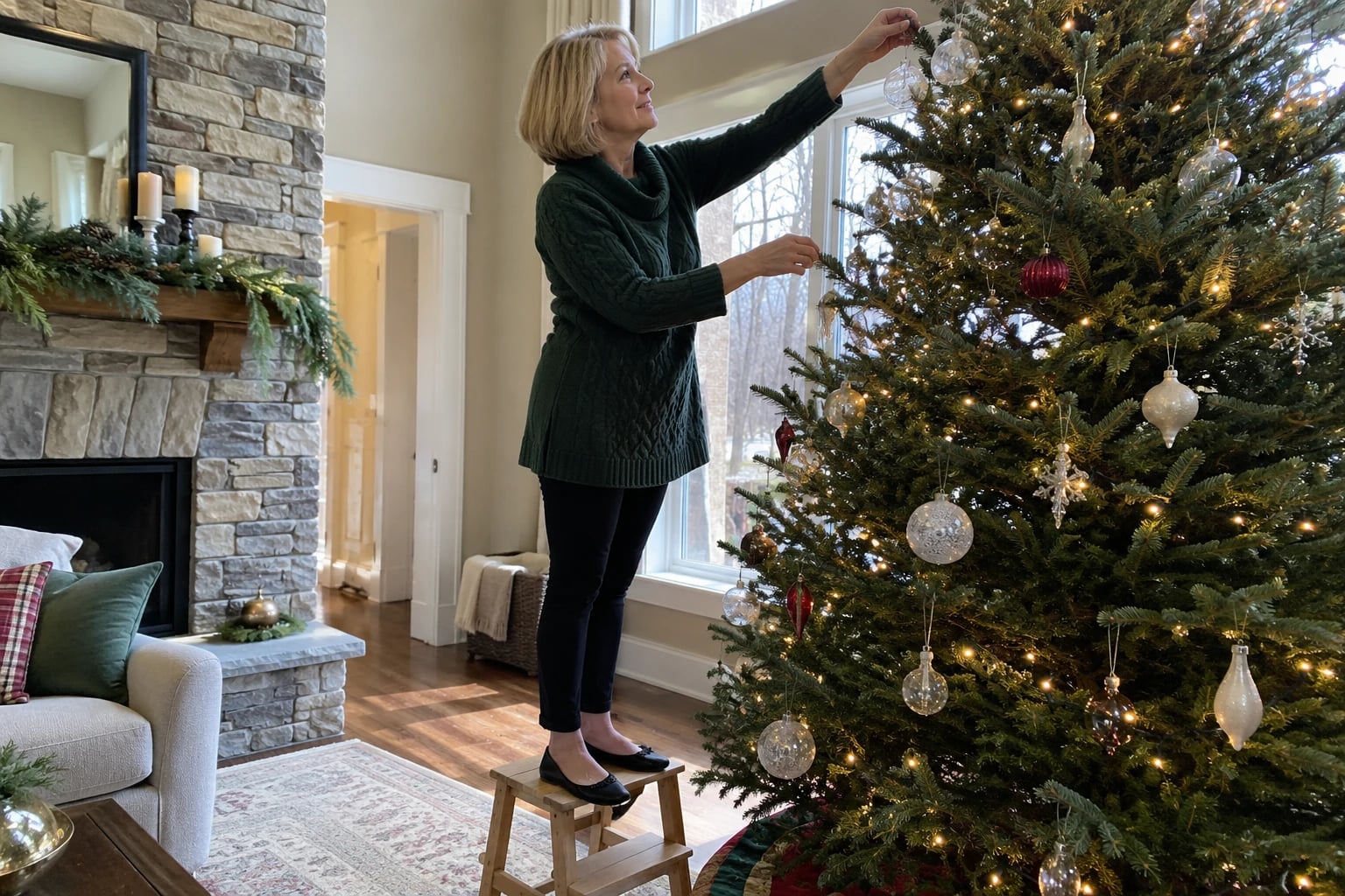 A woman in her fifties stands on a step stool, hanging an ornament on a tall Christmas tree in a green cable-knit tunic and black ponte pants.