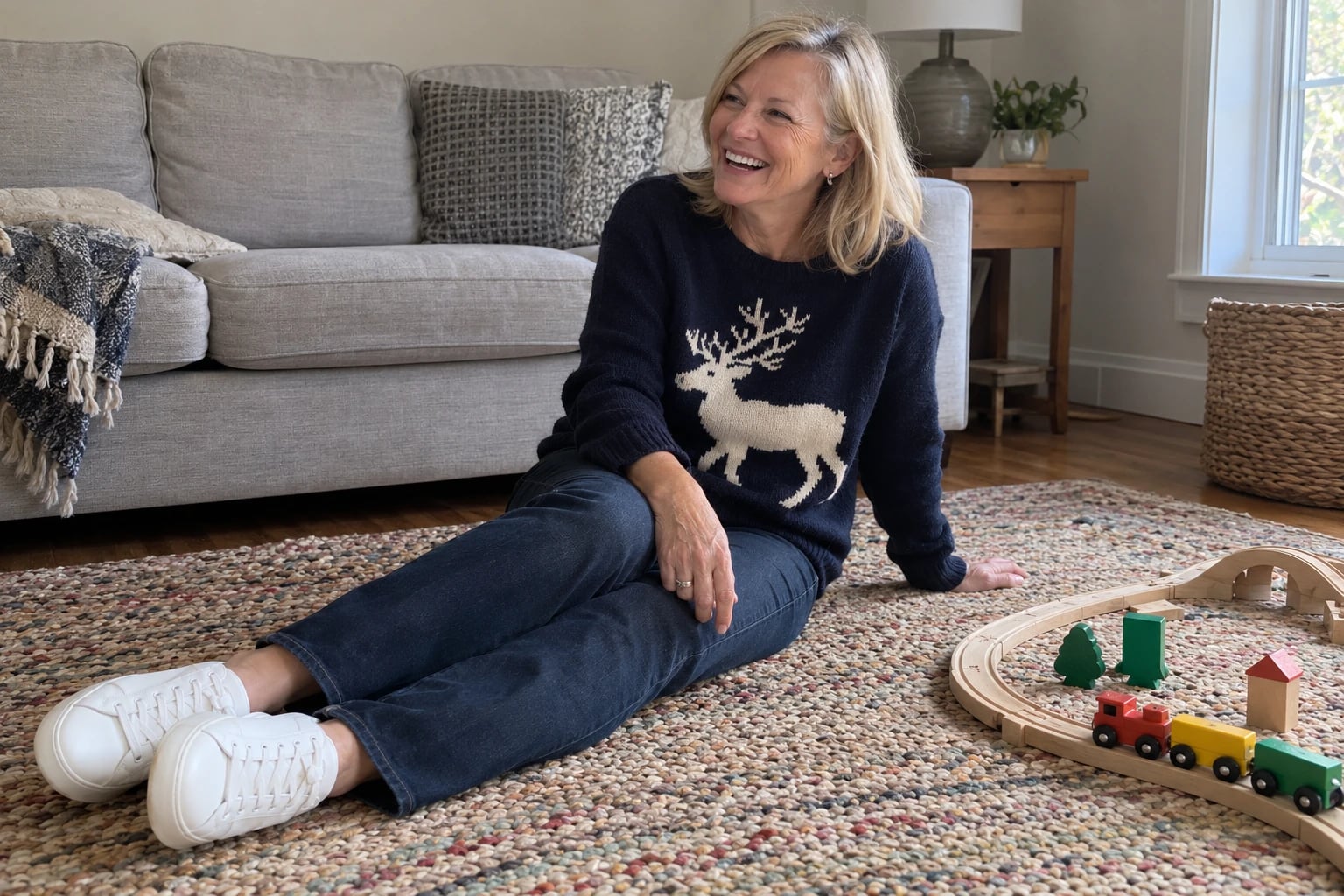 A woman in her sixties laughs on the rug beside a wooden toy train, wearing a navy reindeer sweater and jeans.