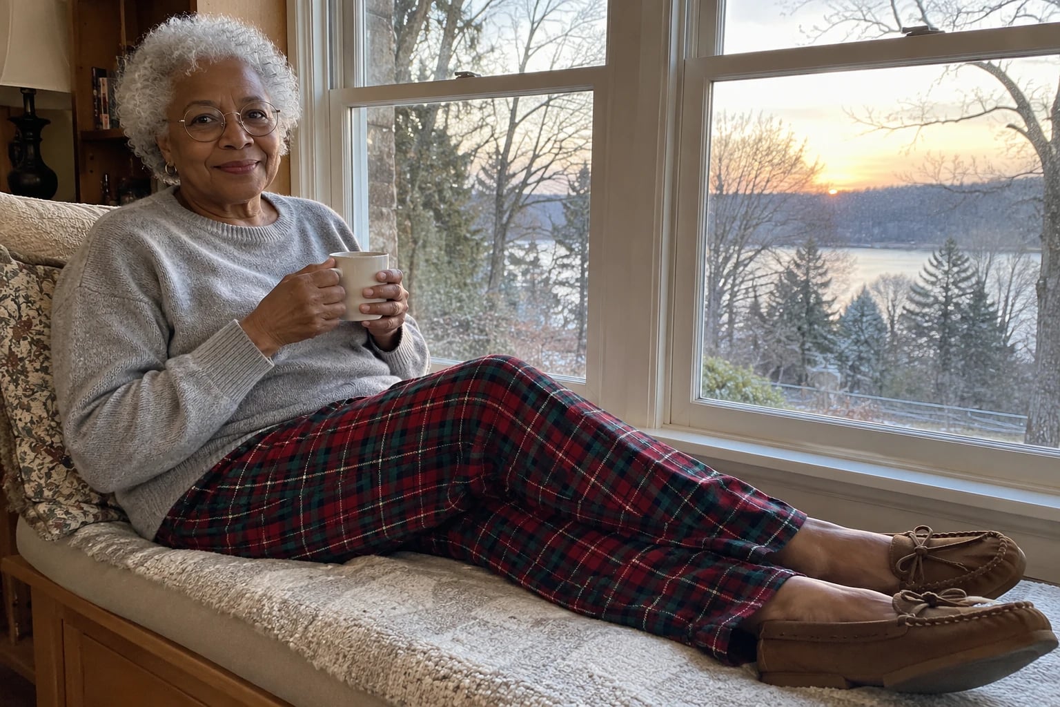 A woman in her sixties lounges on a window seat in a gray sweater and red tartan pants, holding coffee at sunrise.