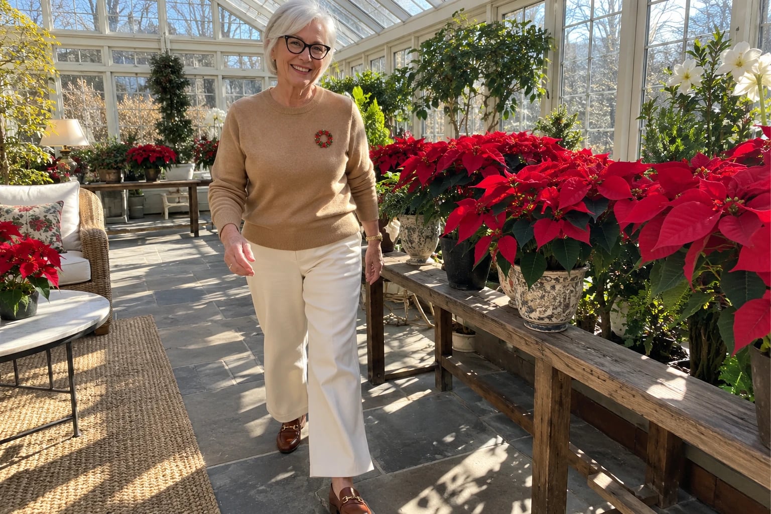A woman in her sixties walks through a conservatory of poinsettias wearing a camel wreath sweater, ivory pants, and loafers.
