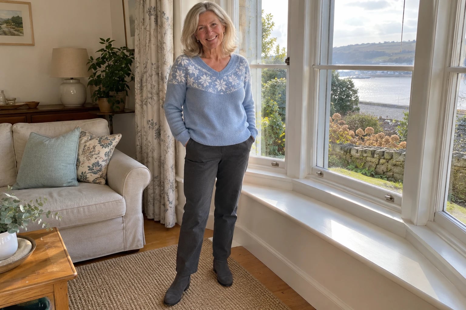 A woman in her late fifties stands by a bay window in an ice-blue snowflake-yoke sweater with gray pants and suede boots.