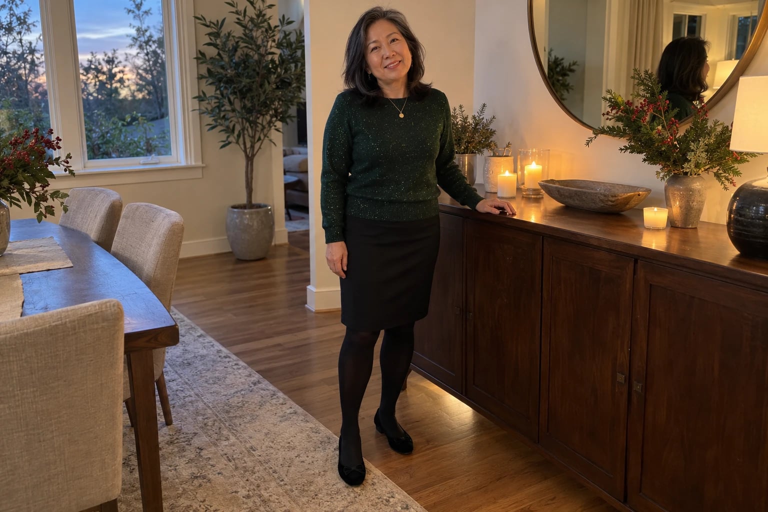 A woman in her sixties stands by a candlelit sideboard in a sparkly emerald sweater, black pencil skirt and velvet flats.