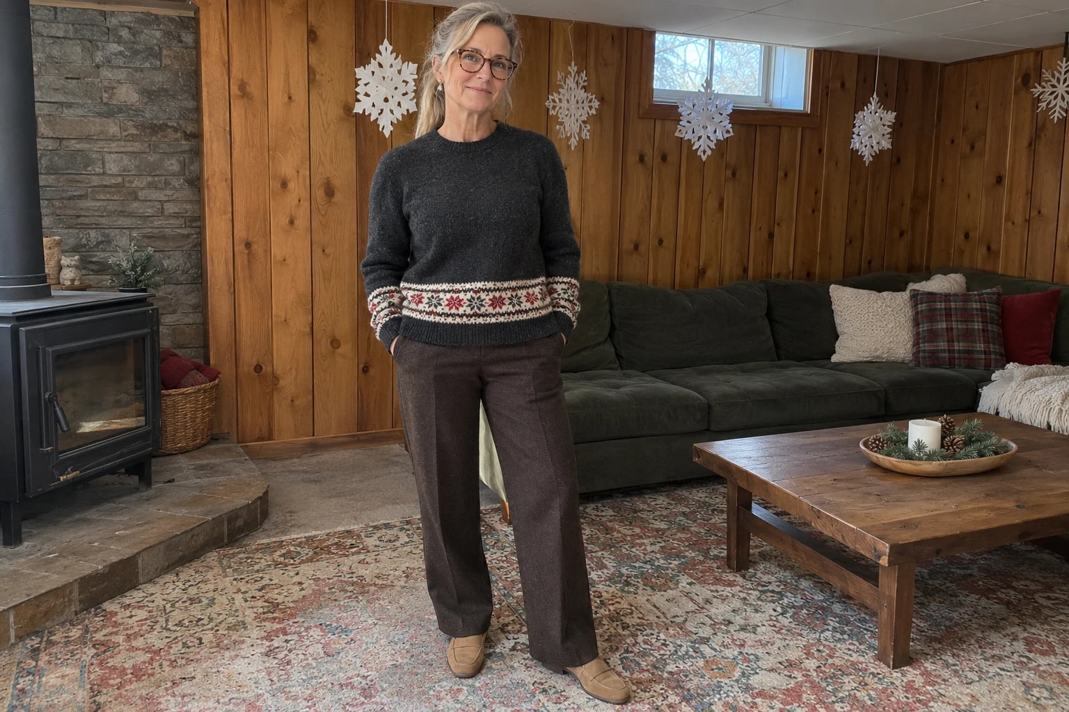 A woman in her late fifties wears a charcoal Fair Isle sweater, brown trousers and tan loafers by a wood-paneled wall.