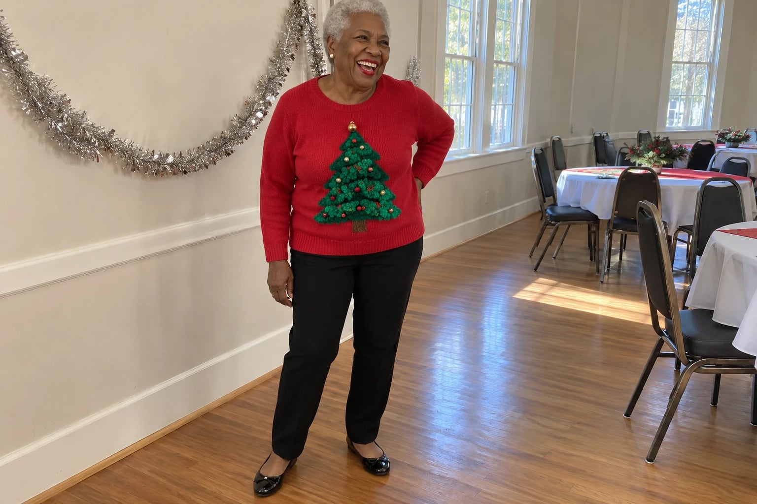 A woman in her sixties laughs in a red sweater with a pompom Christmas tree, black pants, and red lipstick.