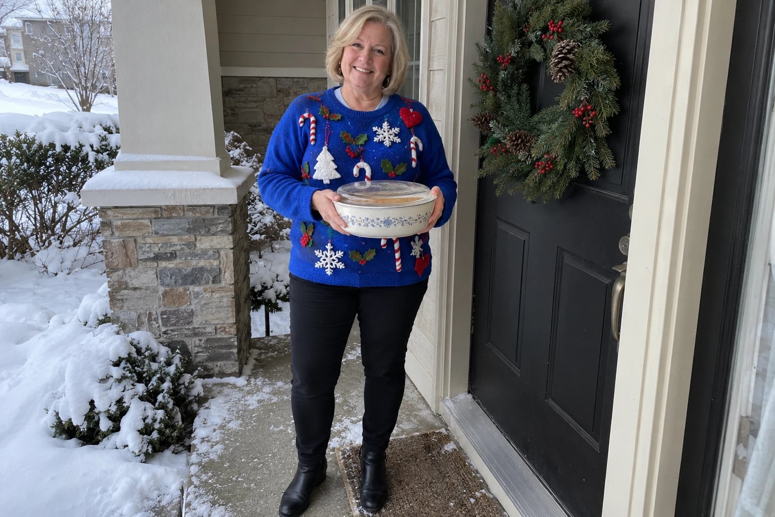 A woman in her sixties holds a covered casserole dish on a snowy porch beside a wreathed black door, wearing a blue felt-ornament sweater.