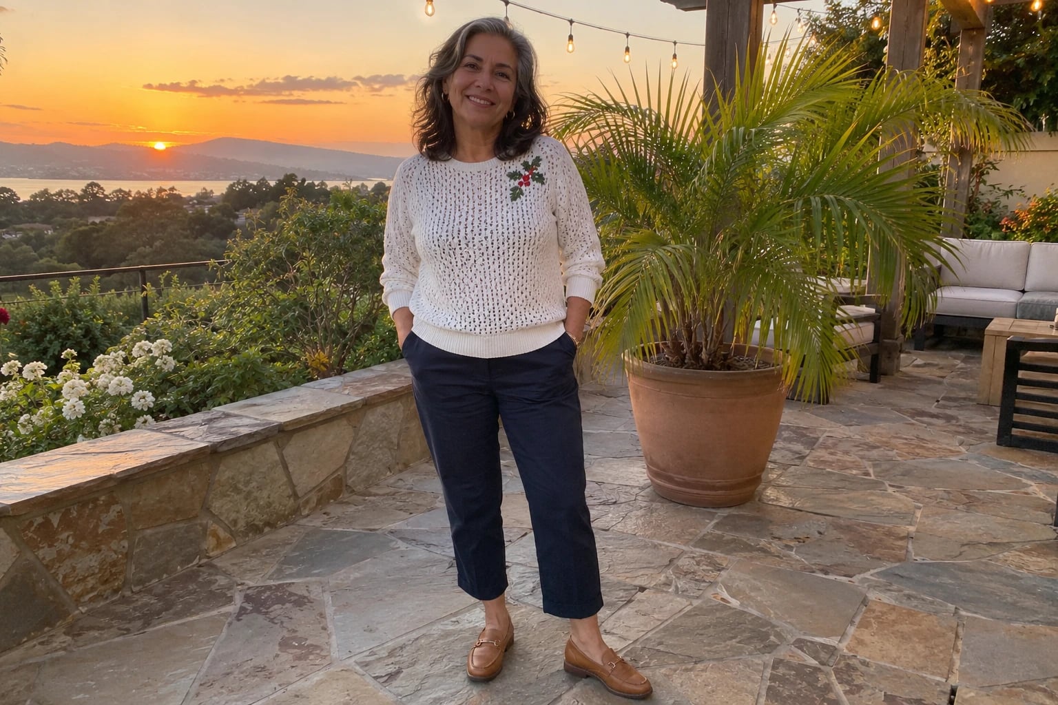 A woman in her fifties wears a white open-knit sweater with embroidered holly, navy cropped pants and tan loafers on a stone patio at sunset.
