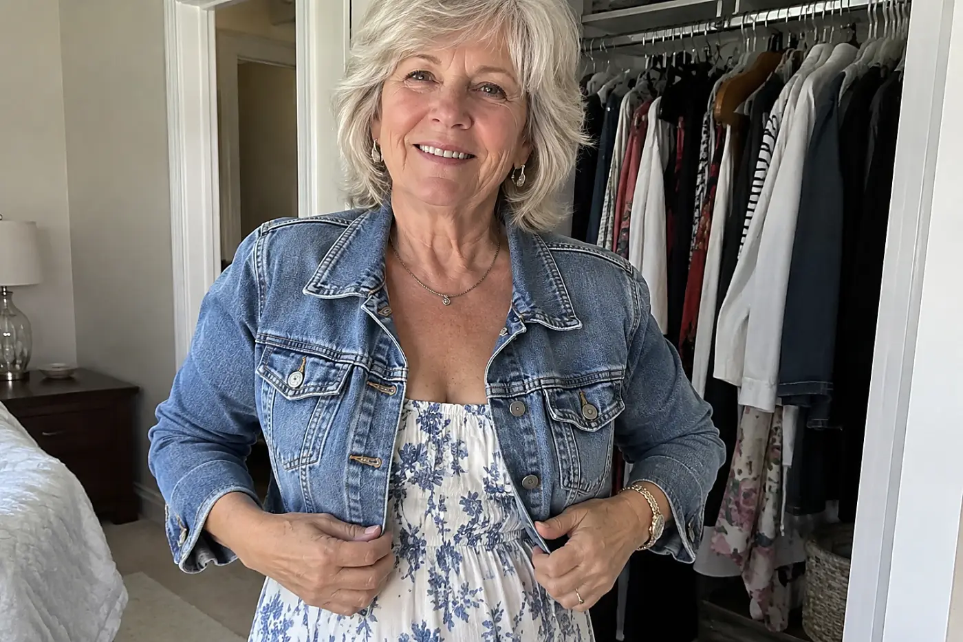 A woman in her sixties wears a cropped denim jacket by her open closet.