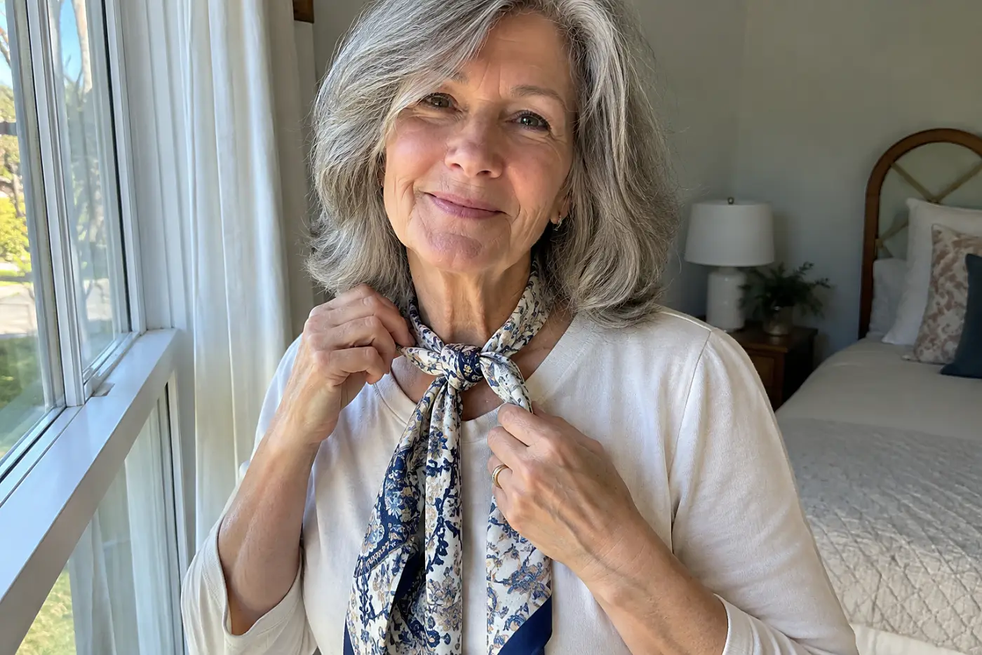 A woman in her sixties adjusts a patterned skinny scarf near a bedroom window.