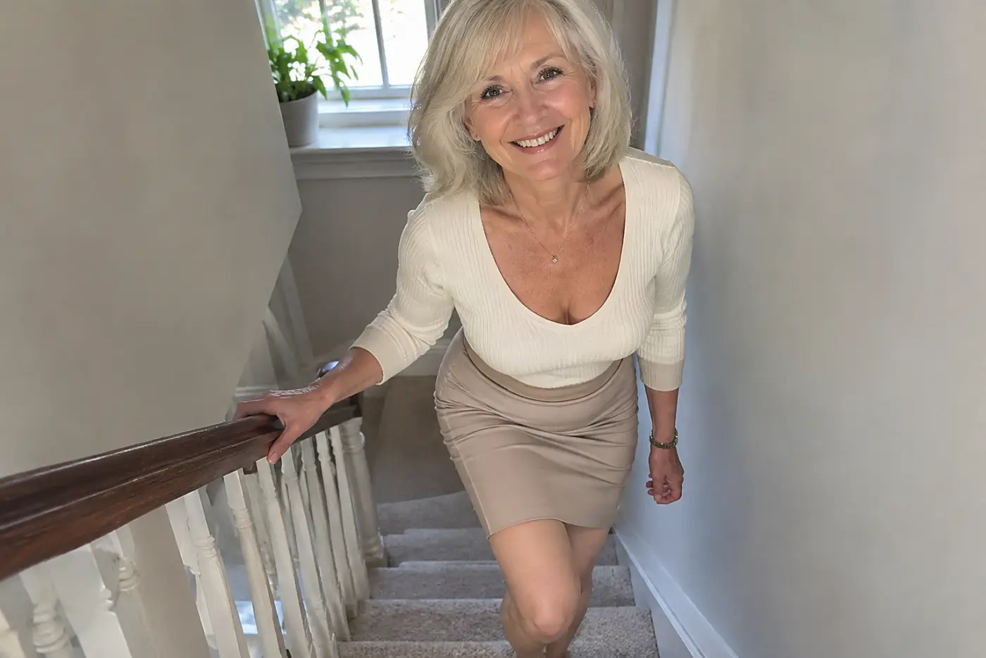 A smiling woman in her sixties wearing a beige pencil skirt climbs a carpeted staircase.