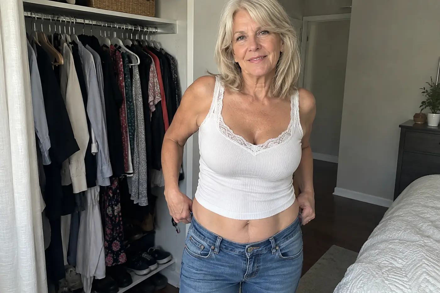 A woman in her sixties wears low-rise blue jeans beside an open closet.