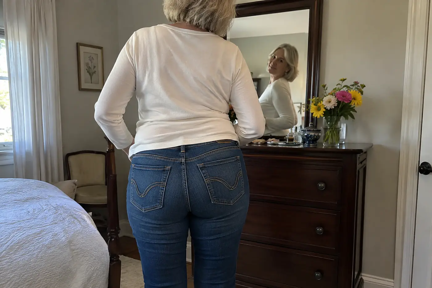 A woman in her sixties wears blue jeans with heavy stitching on the back pockets.