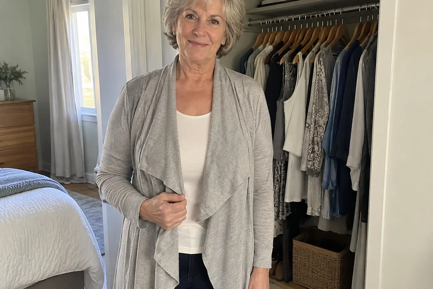 A woman in her sixties wears a grey waterfall cardigan beside an open closet.