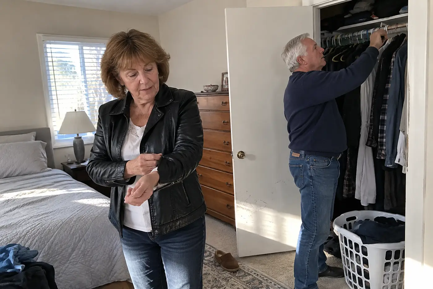 A woman in her sixties inspects her black leather jacket cuff in a bedroom.