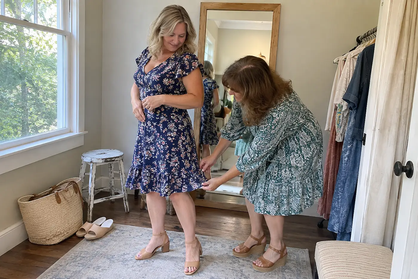 A woman in a green dress adjusts the hem of another woman's floral dress.