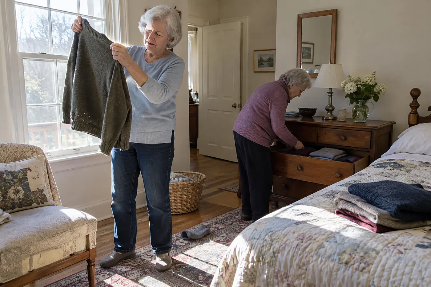 A woman in her seventies holds up a wool sweater near a bedroom window.