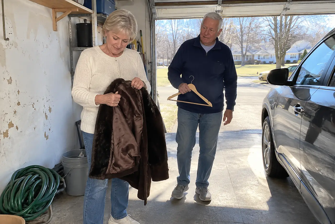 A woman in her sixties checks a brown coat's lining beside a car in a garage.