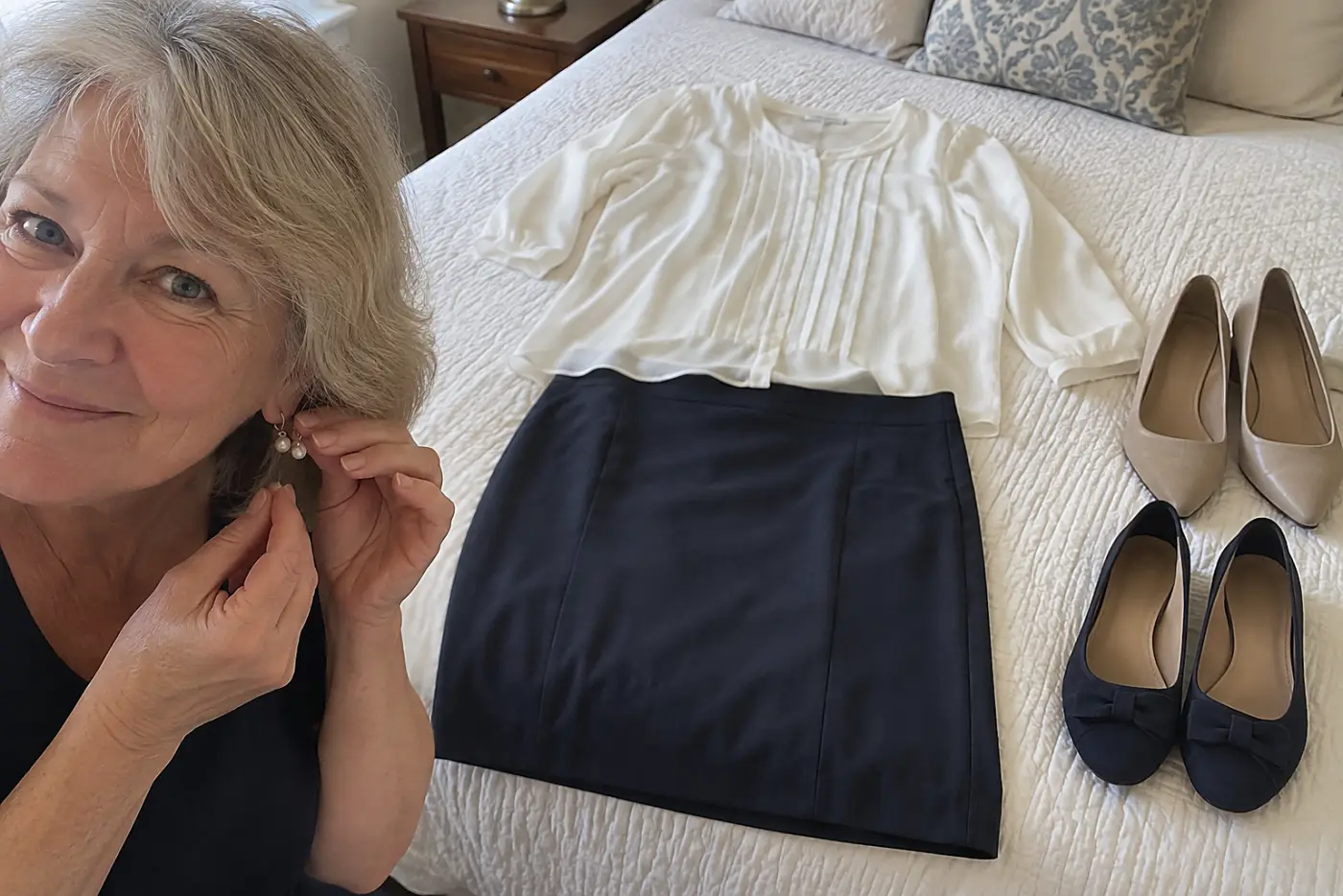 A plain skirt and blouse lie together in the middle of a made bed as a woman over 60 selects earrings and shoes nearby.