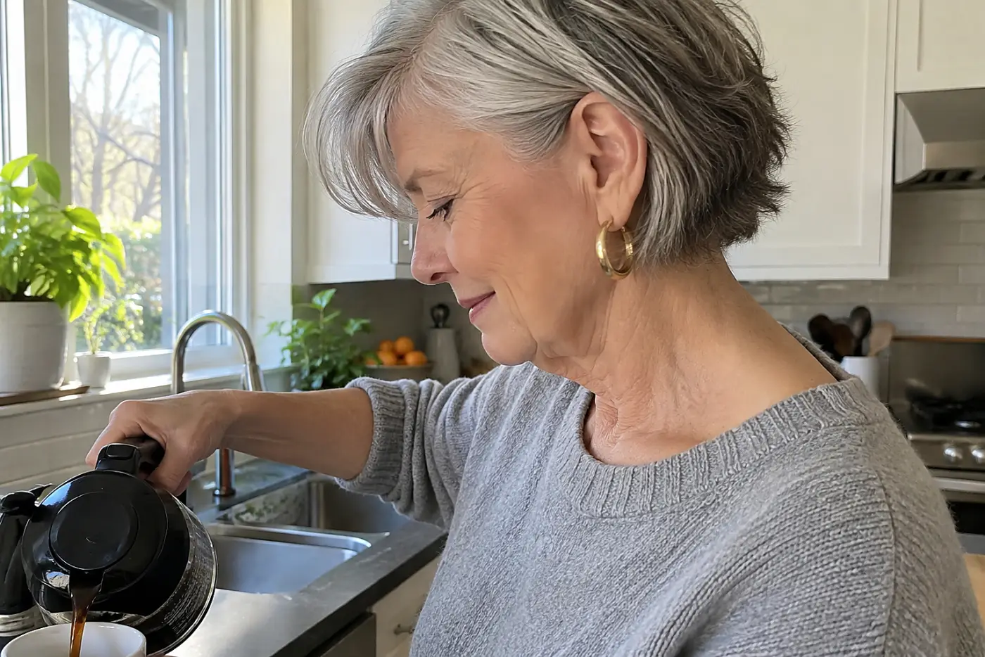 Gold hoops are centered on a woman over 60 seen from the side as she pours coffee at home.