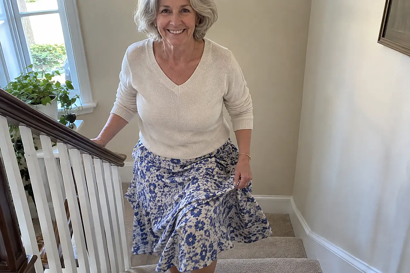 A full midi skirt is centered on a woman over 60 coming down the stairs at home.