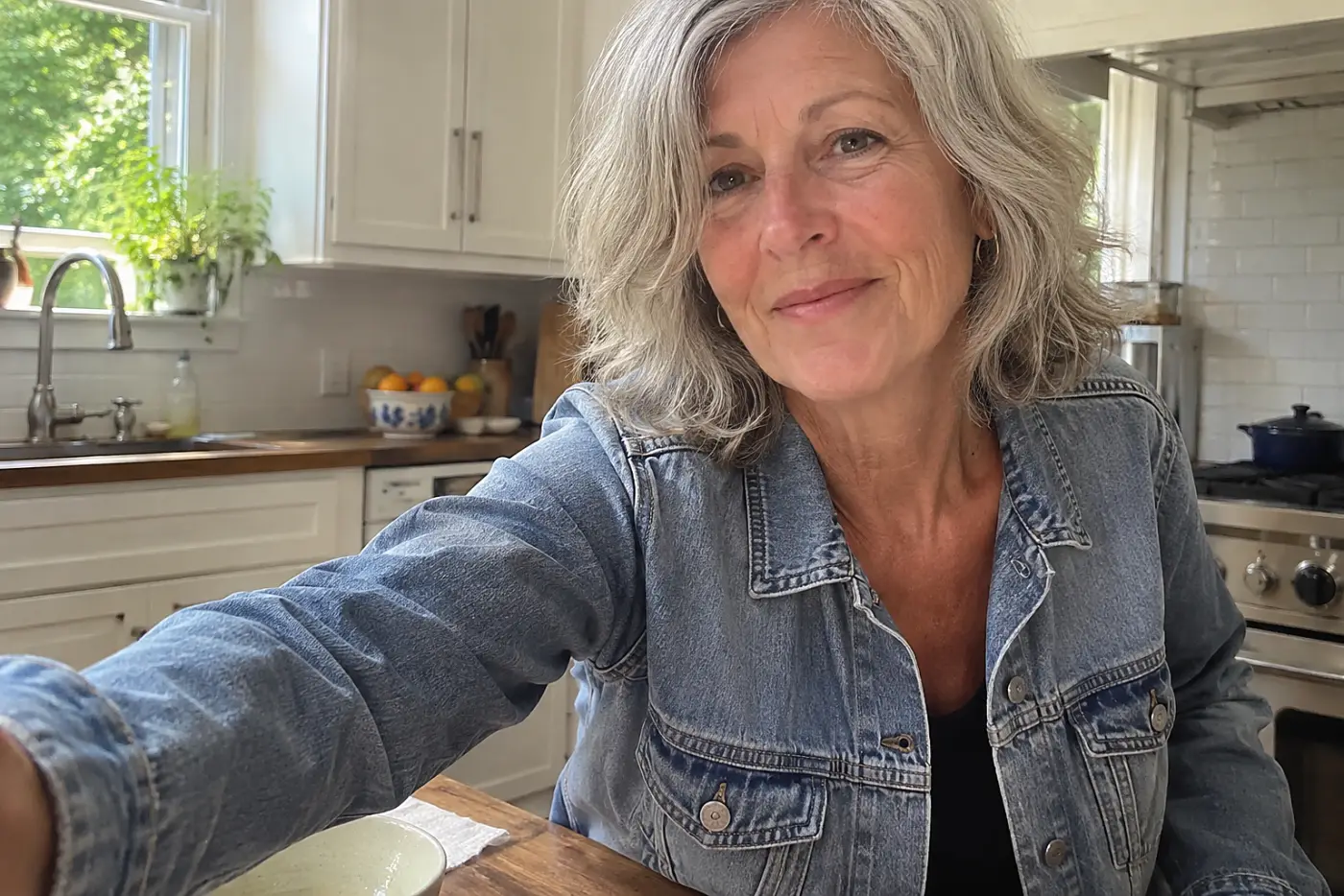 A faded denim jacket is centered on a woman over 60 reaching across a kitchen table.