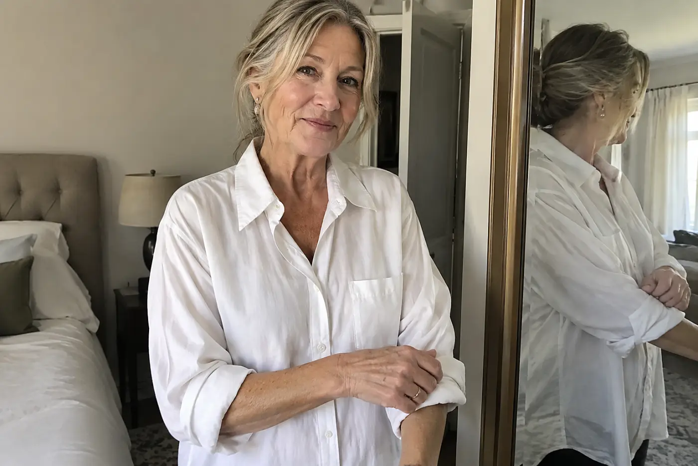 An oversized white shirt is centered on a woman over 60 rolling up its sleeves beside a bedroom mirror.