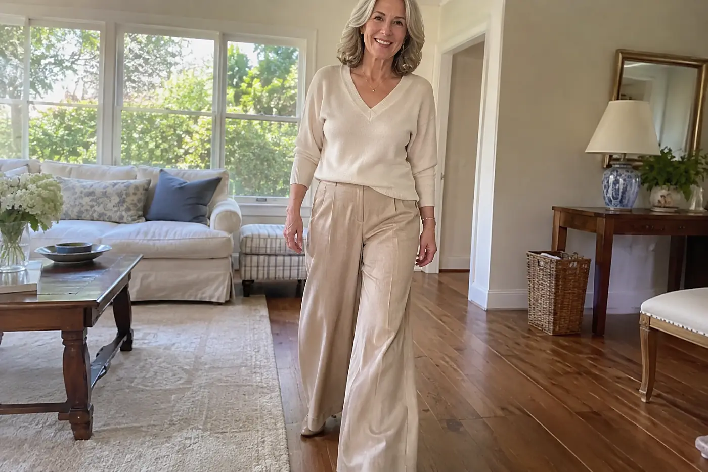 Wide-leg trousers are centered on a woman over 60 walking across her living room in her usual shoes.