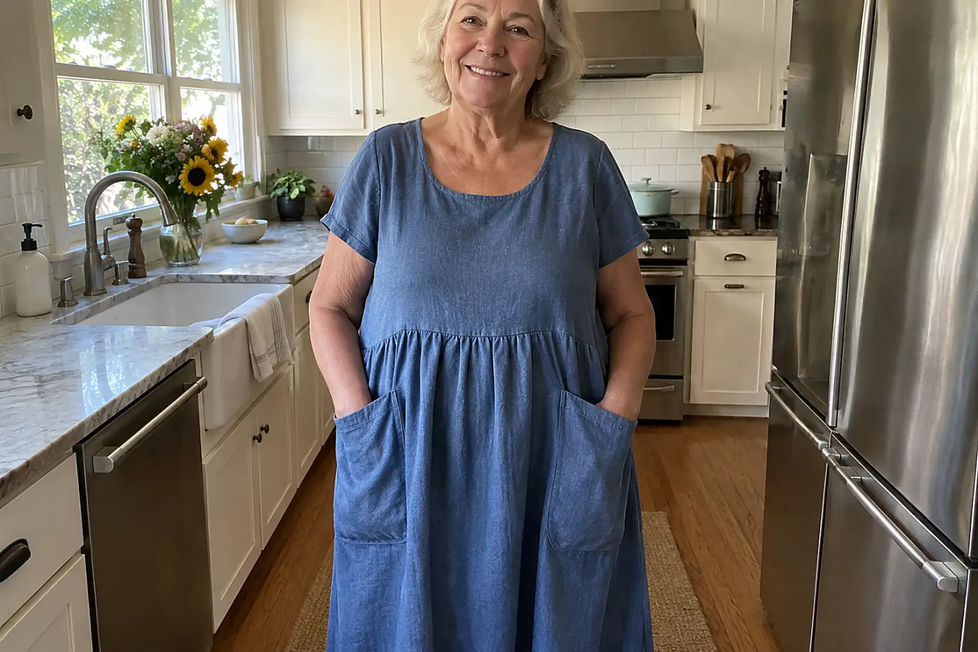 A dress with big pockets is centered on a woman over 60 with both hands tucked into them in her kitchen.