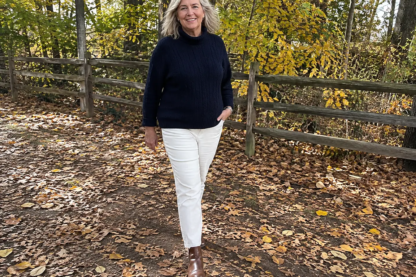 White jeans are centered on a woman over 60 walking through a leaf-covered park in a navy sweater and boots.
