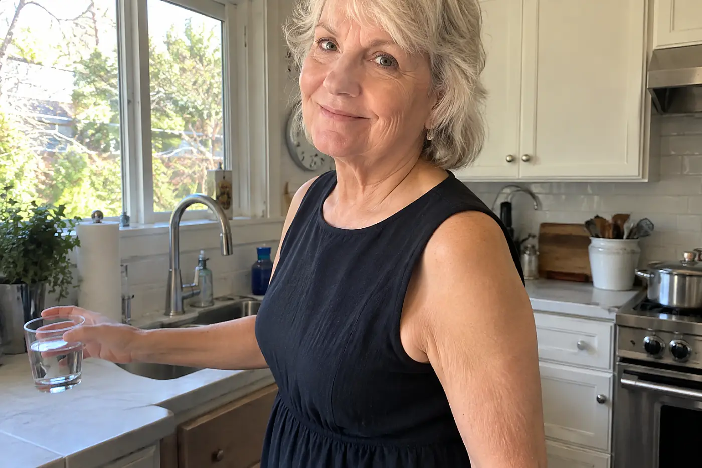 A sleeveless dark cotton dress is centered on a woman over 60 reaching for a glass in her home kitchen.