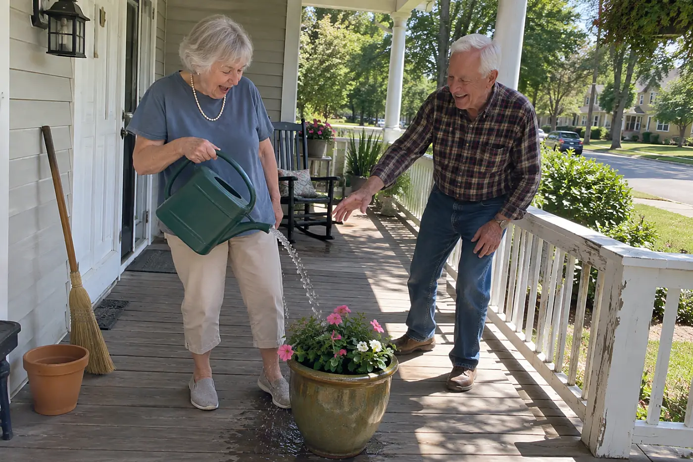 A woman in her seventies wears a string of pearls with a t-shirt while watering plants.