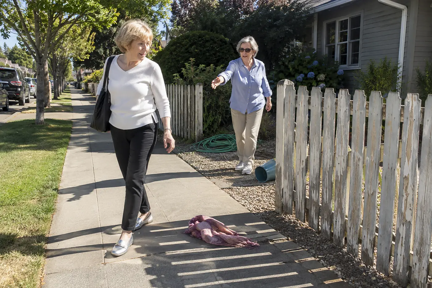 A woman in her sixties walks along a sidewalk wearing silver loafers and black pants.