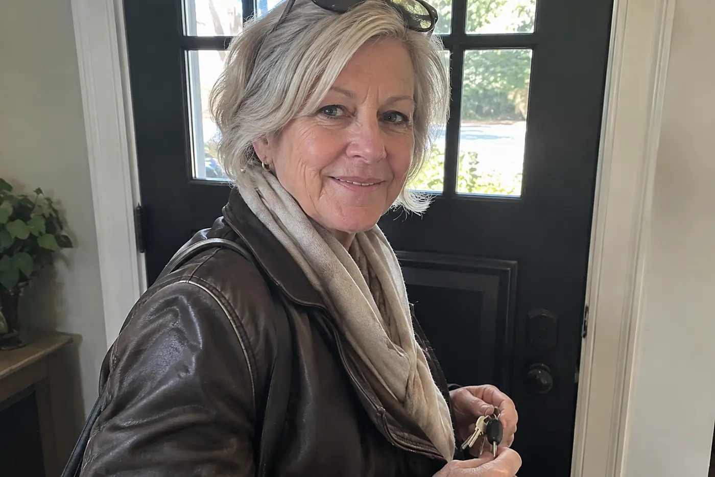 A creased leather jacket is centered on a woman over 60 picking up her keys near the front door.