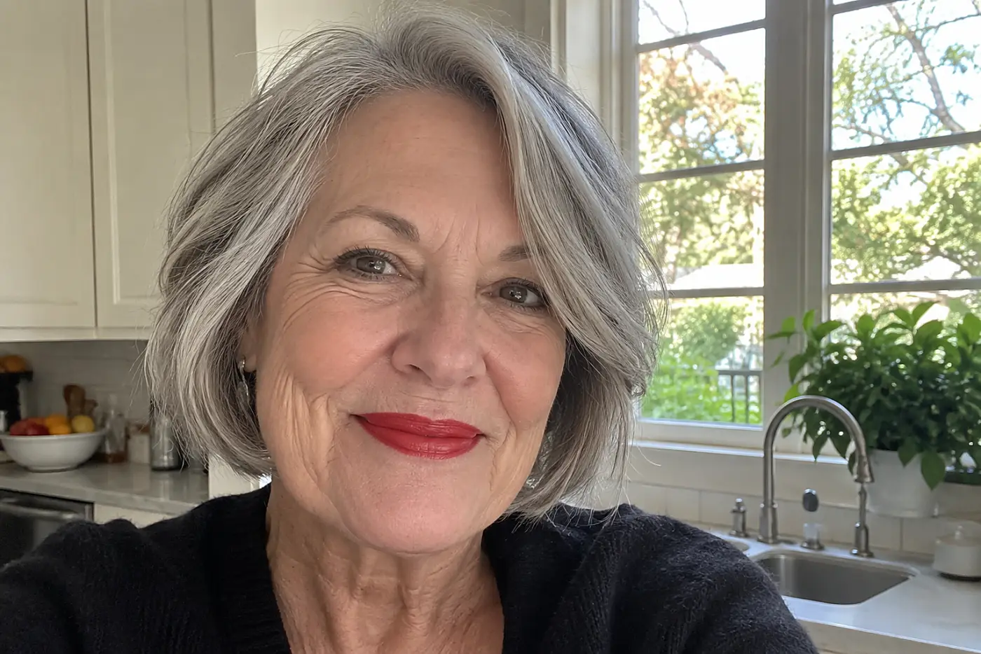 Bold red lipstick is centered on a woman over 60 smiling at her kitchen table beside a window.