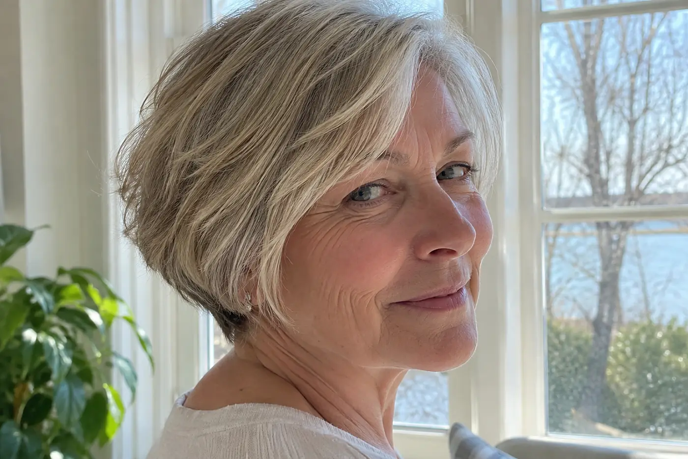 A short haircut ending above the collar is centered on a woman in her sixties seen from the side by a daylight window.