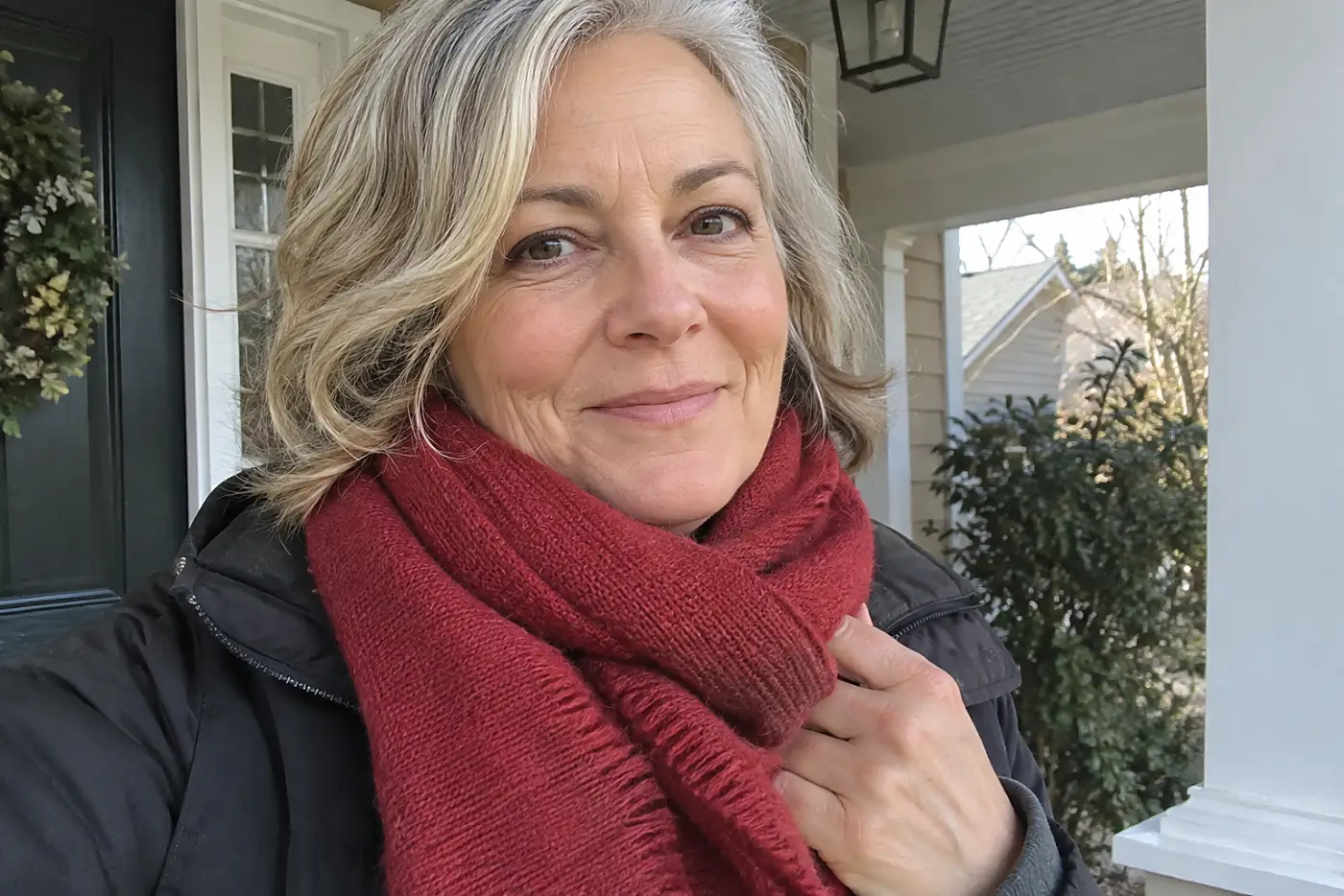 A woman in her fifties wears a brick red scarf on her front porch.