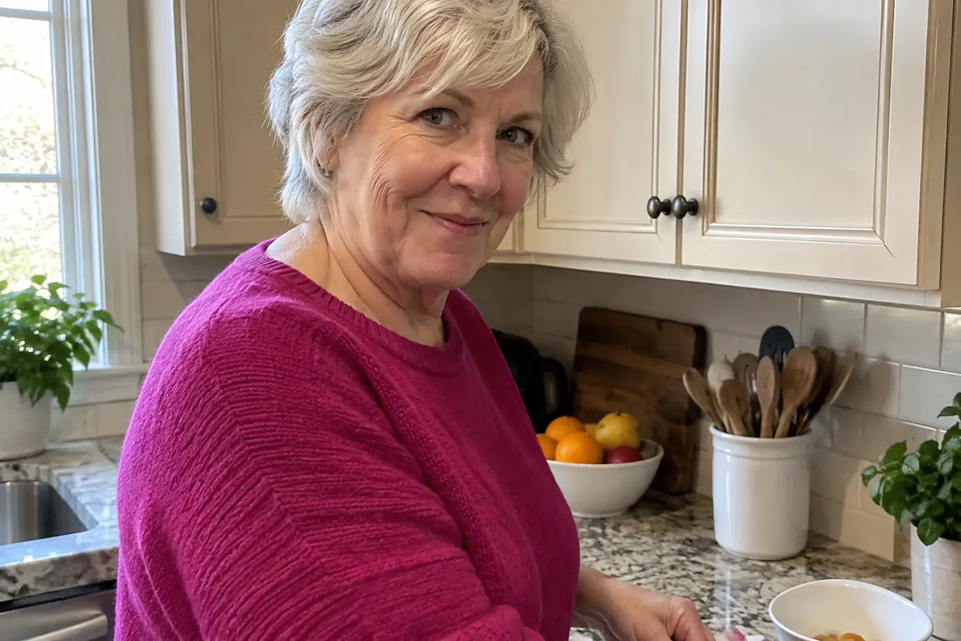 A woman in her sixties wearing a clear raspberry sweater stands beside beige kitchen cabinets.